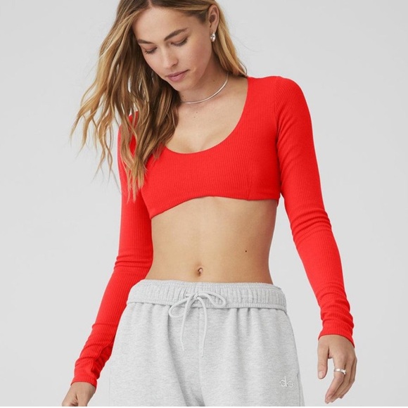 ALO Yoga Ribbed Defined Long Sleeve Bra in Red Hot Summer NWOT - Picture 1 of 5